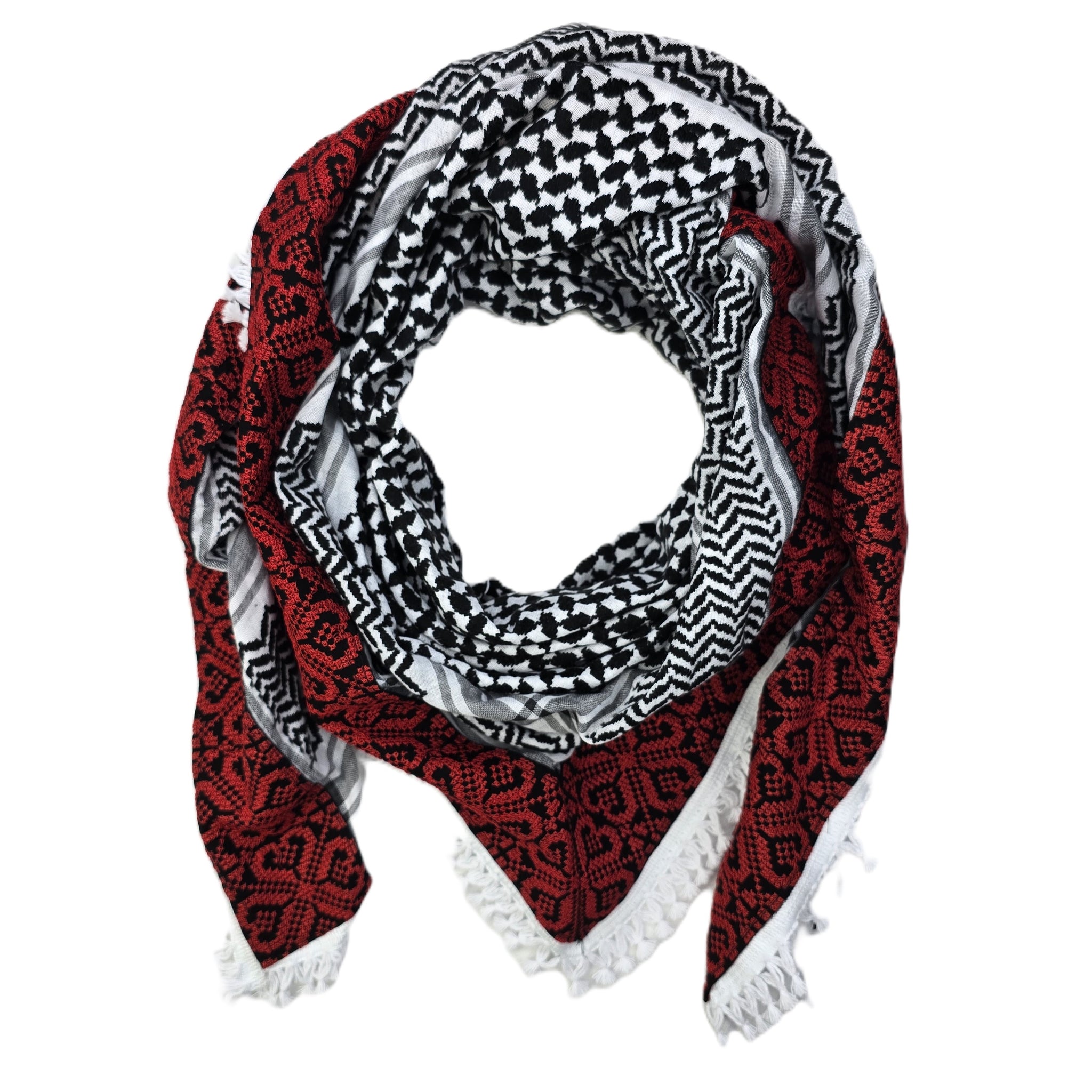 red black and white embroidered keffiyeh