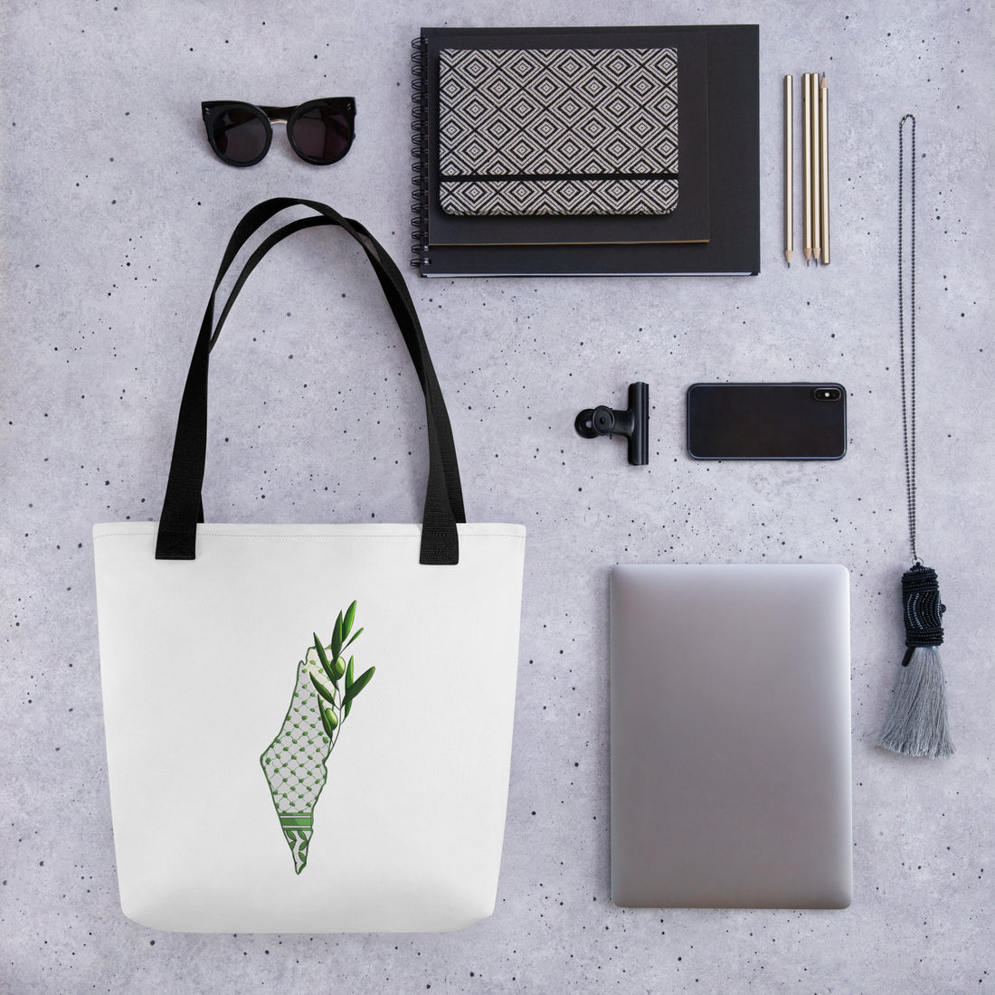 palestine map tote bag olive branch & keffiyeh print rajaeen
