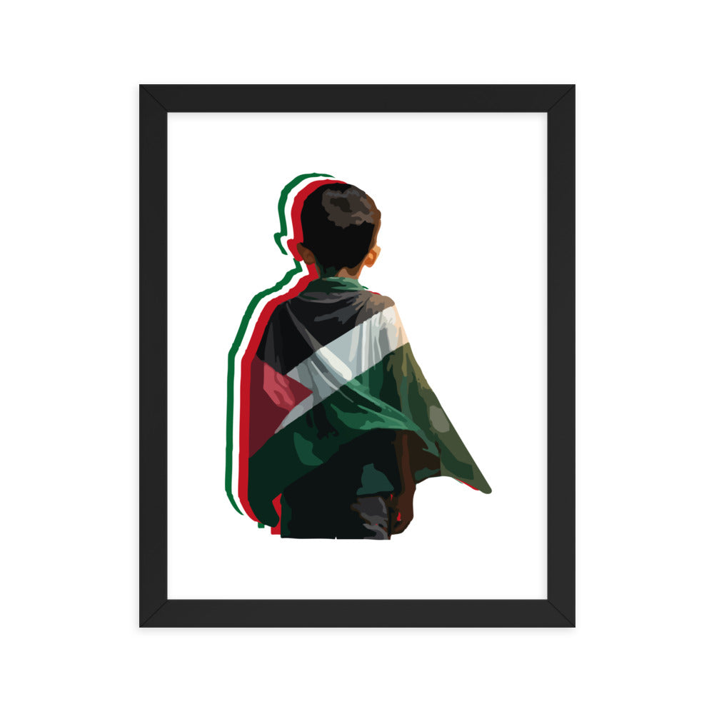 child carrying palestine flag design framed poster 11 x 14 rajaeen