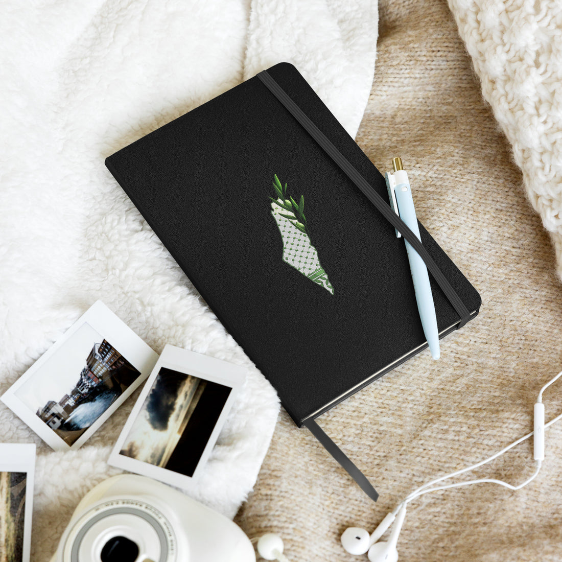 palestine map with olive branch and keffiyeh designed black hardcover bound notebook rajaeen