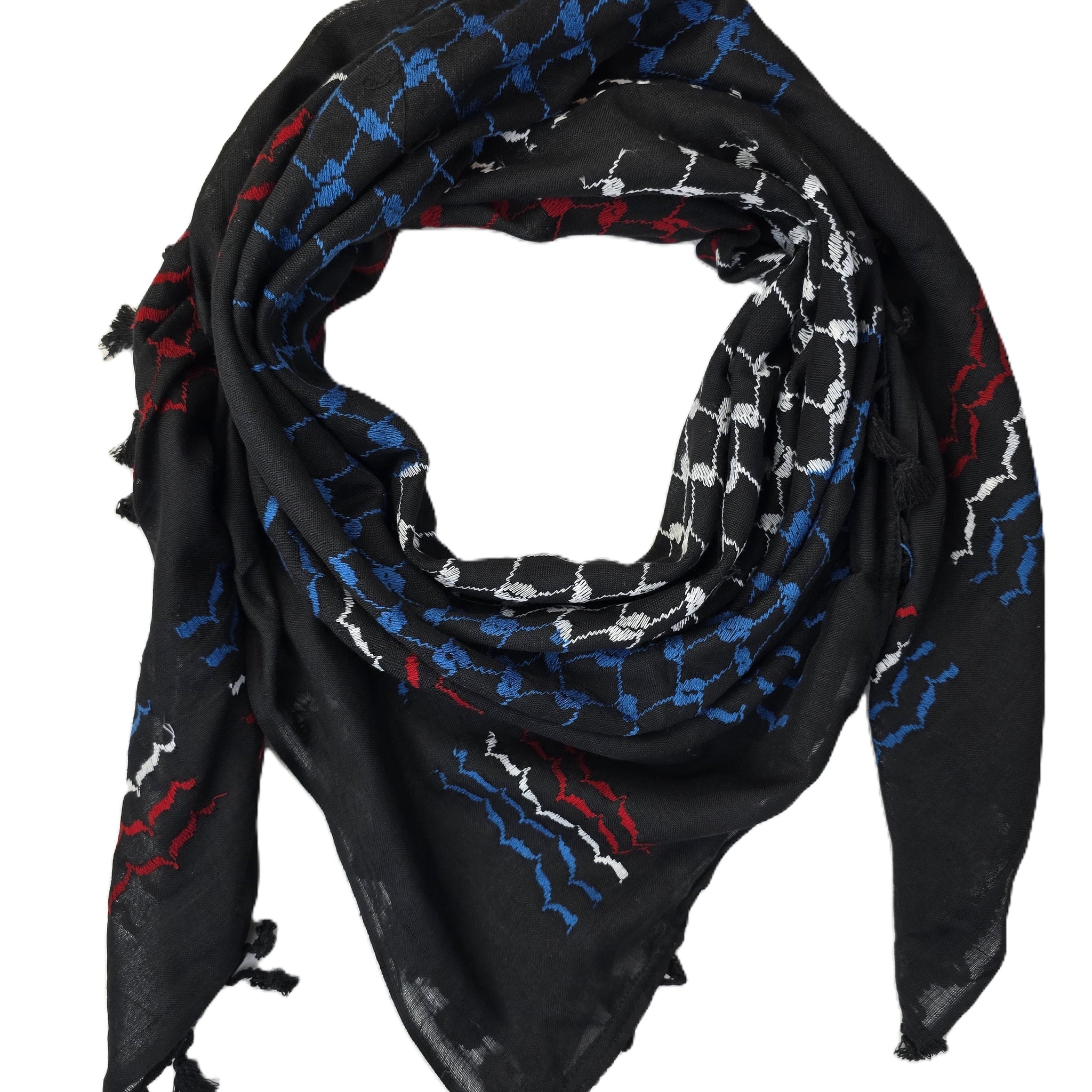 blue, red and black keffiyeh scarf rajaeen