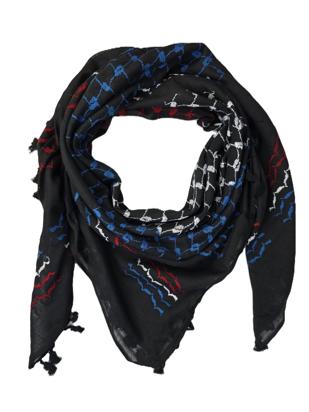 Keffiyeh Scarf Made in Palestine -  Black with Red, Blue, and White