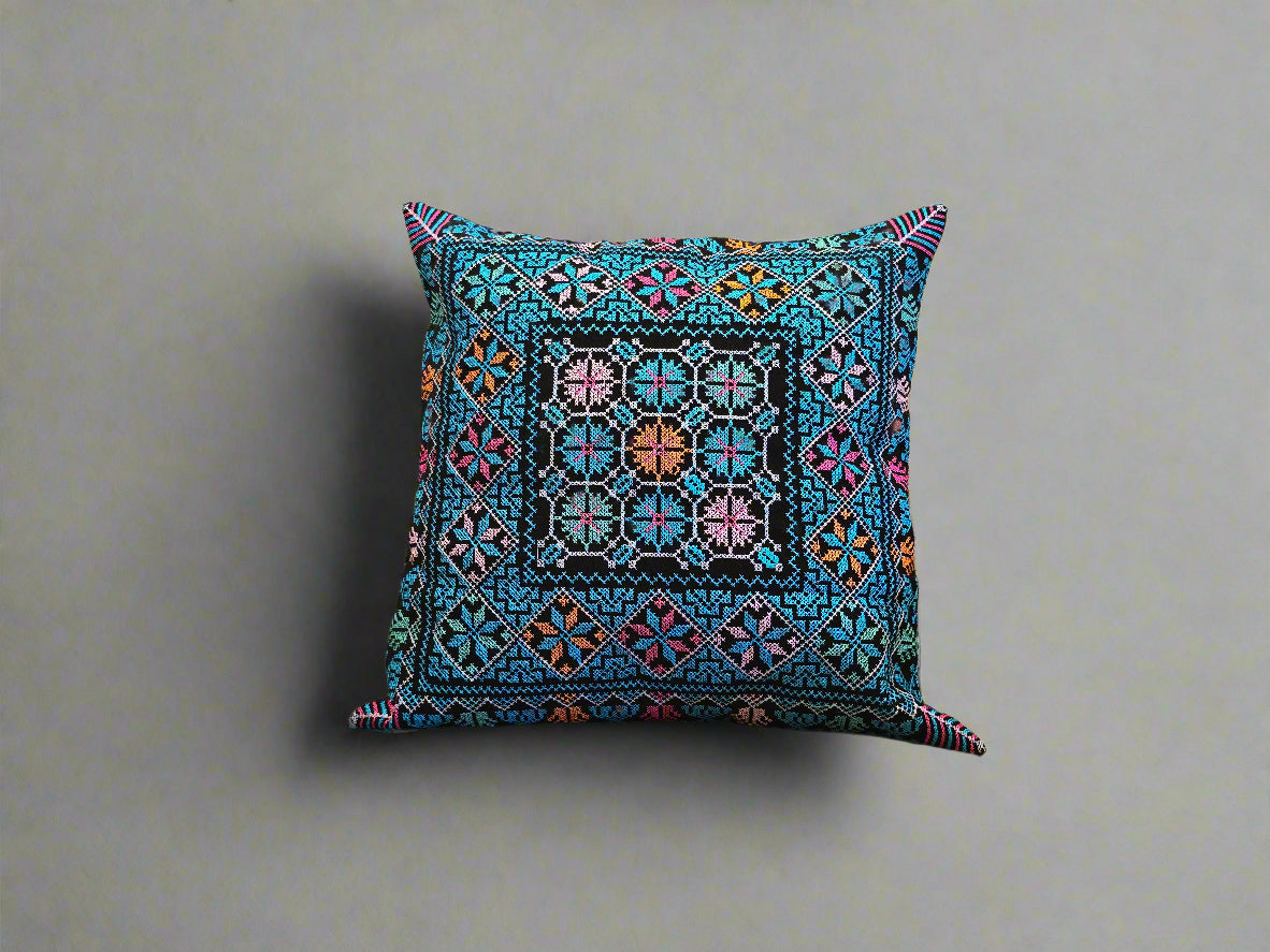 Blue Embroidered (Tatreez) Throw Pillow Cover - Machine Embroidered