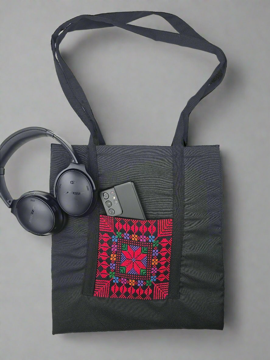 Handmade Black Bag with Red Palestinian Tatreez by Taghreed Ziyada