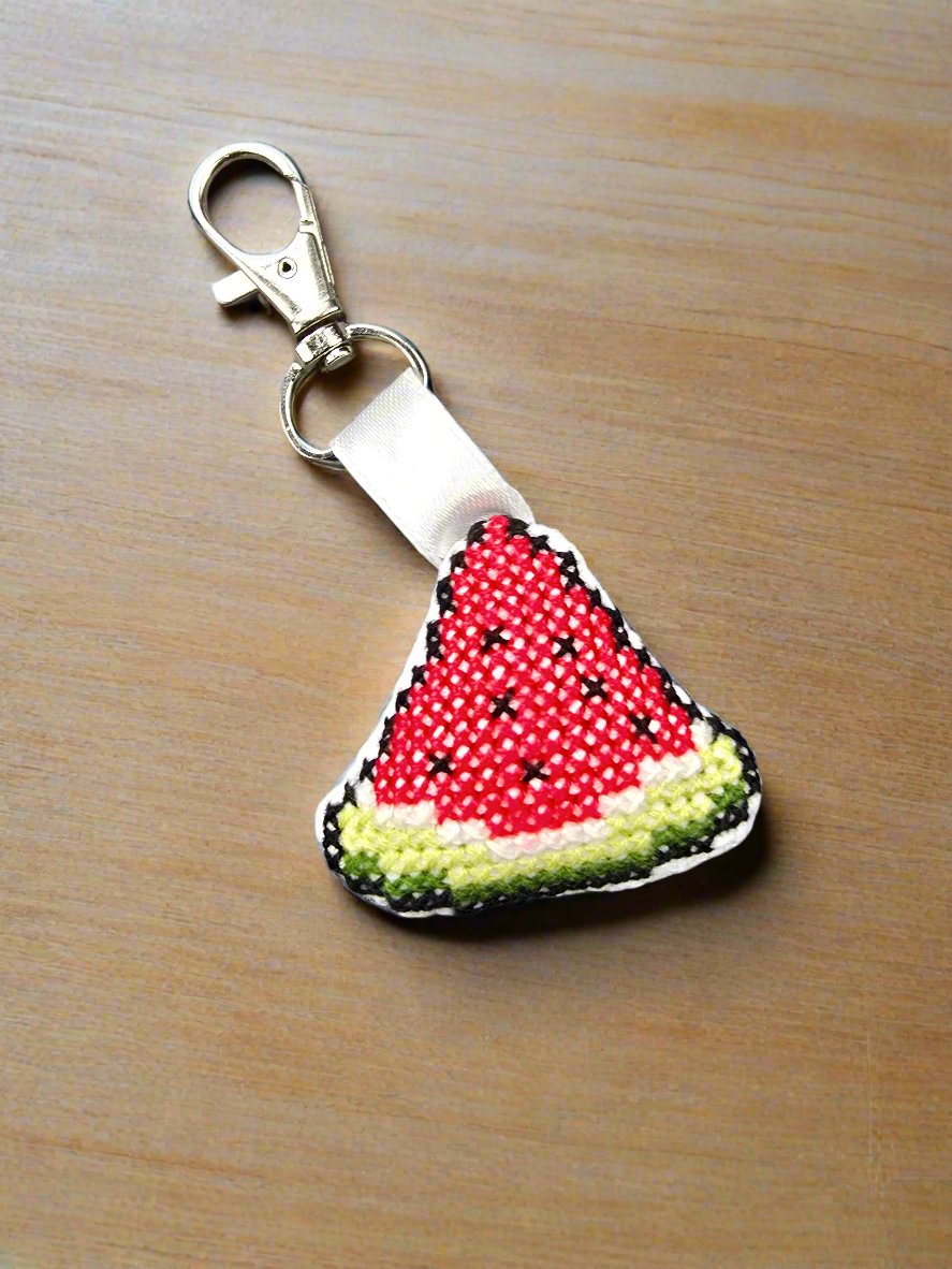 Handmade Embroidered Watermelon Keychain – Triangle