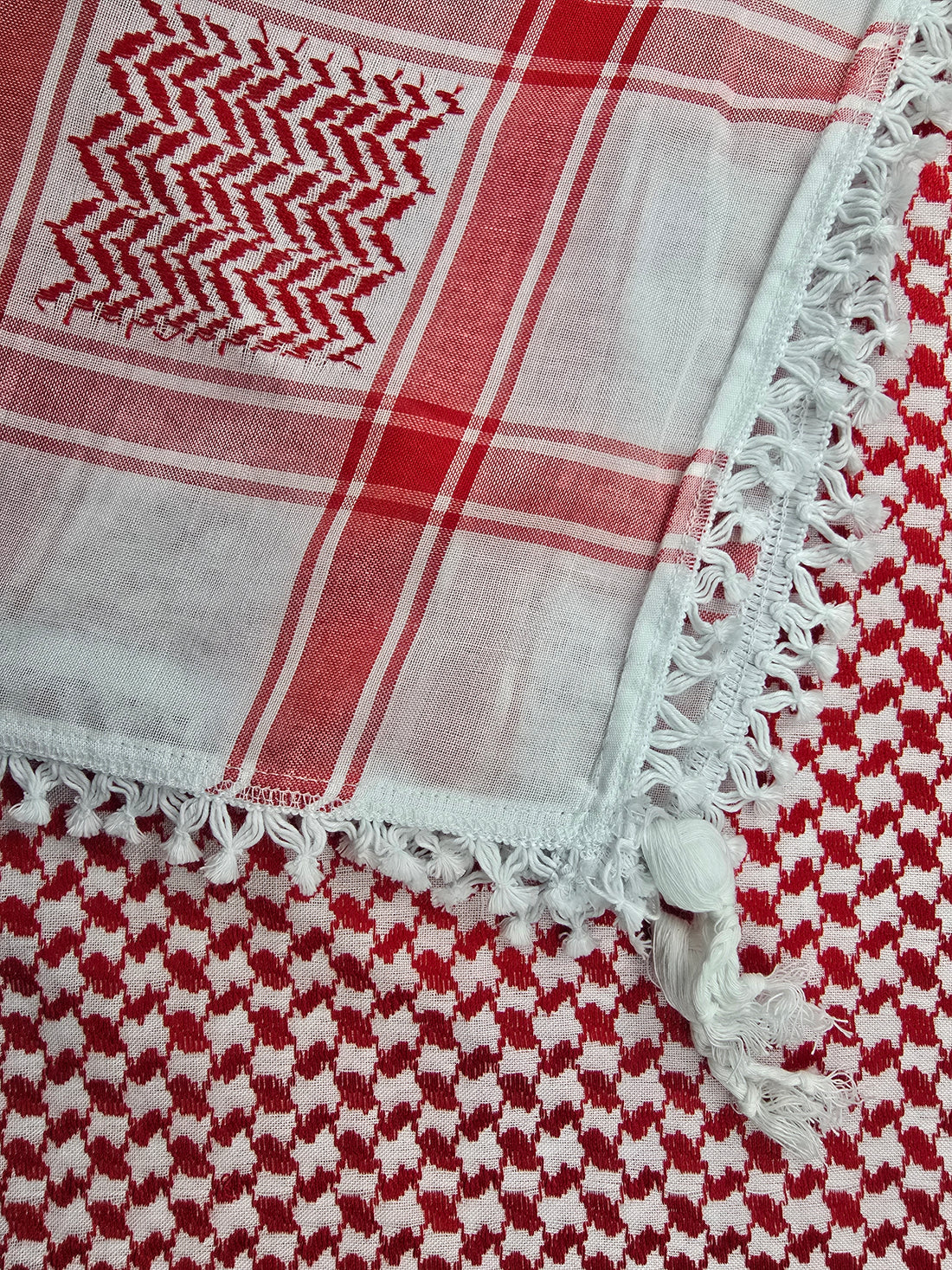 Red and White Keffiyeh - 4 sides trim - Made in Palestine