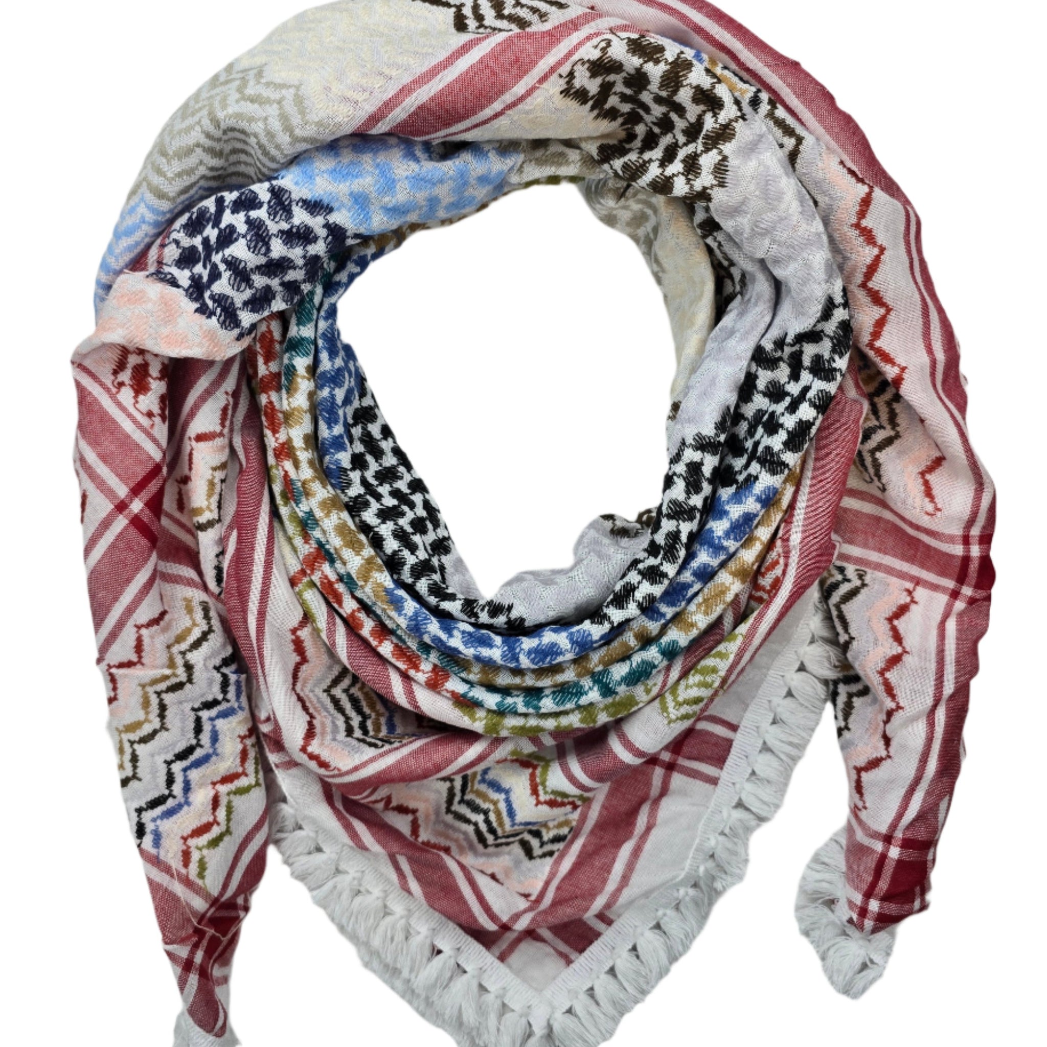 Colorful Keffiyeh Shemagh - Made in Nablus, Palestine - 4 Side Trim