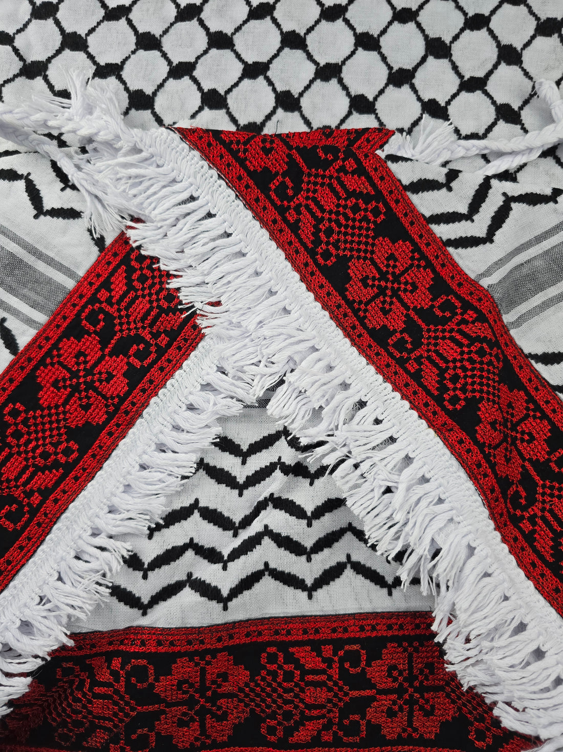 Traditional Keffiyeh with Palestinian Tatreez – Woven in Syria