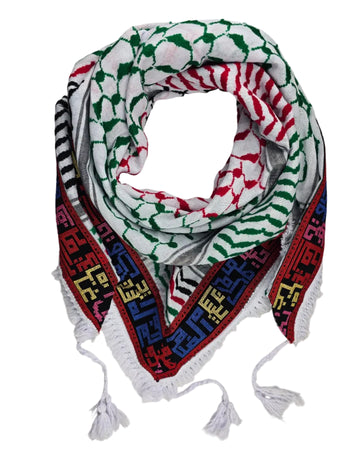 Keffiyeh Shemagh — Palestine City Names Embroidery on Flag Color Base