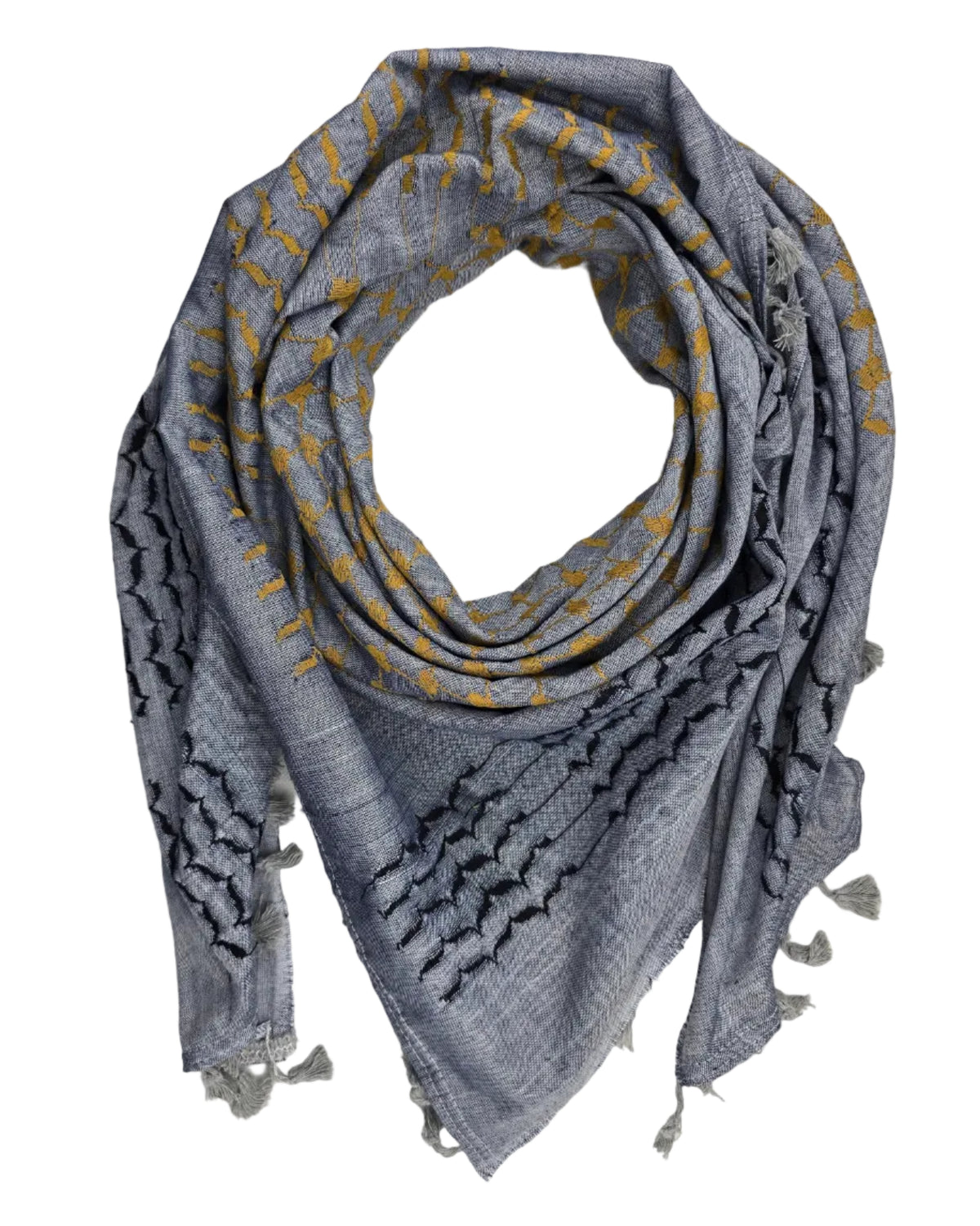 A gray woven scarf with yellow embroidered geometric patterns and frayed tassels, arranged in a loop on a white fabric background.