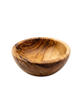 A small handcrafted wooden bowl with a polished finish, showcasing a natural olive wood grain pattern in warm brown and golden tones, isolated on a white background.