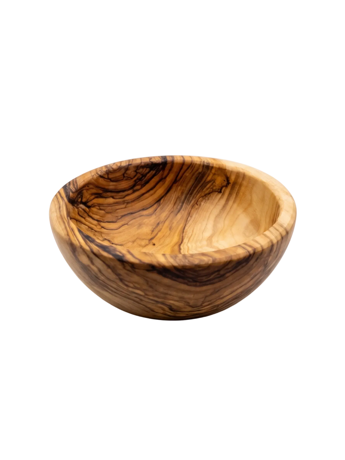 A small handcrafted wooden bowl with a polished finish, showcasing a natural olive wood grain pattern in warm brown and golden tones, isolated on a white background.