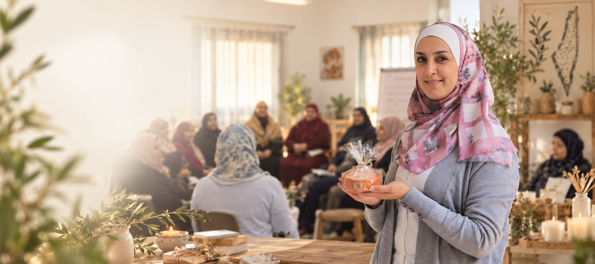 A woman in a pink and purple floral hijab and gray cardigan holds a small pink pot in a bright, sunlit indoor gathering space with other women seated in the background.