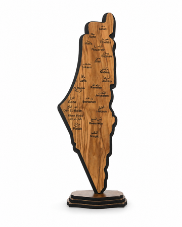 Standing Olive Wood Palestine Map — Arabic & English City Names