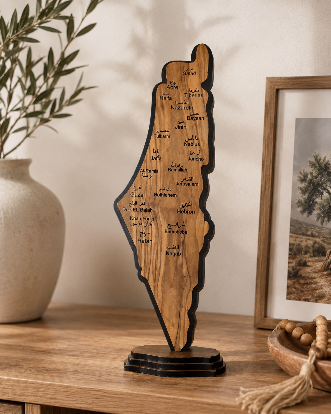 Standing Olive Wood Palestine Map — Arabic & English City Names