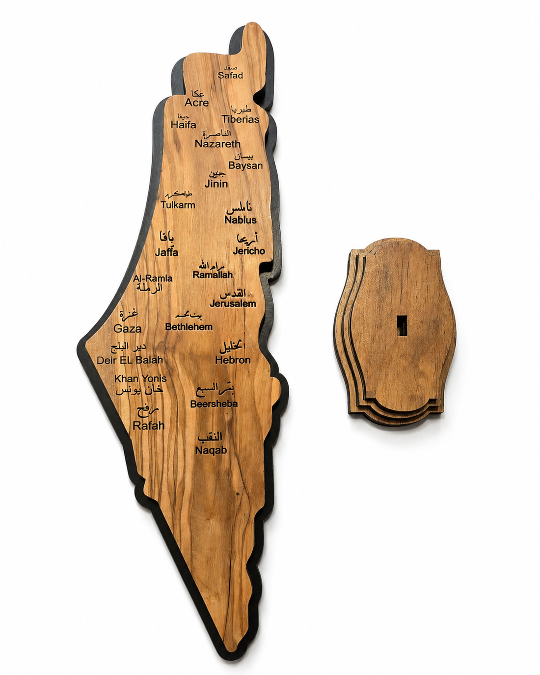 Standing Olive Wood Palestine Map — Arabic & English City Names