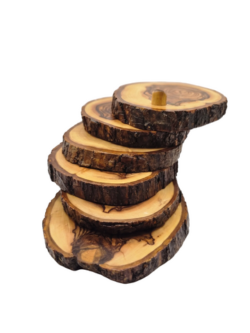 Olive Wood Coaster Set of 5 — Hand-Cut in Bethlehem | Live Bark Edge