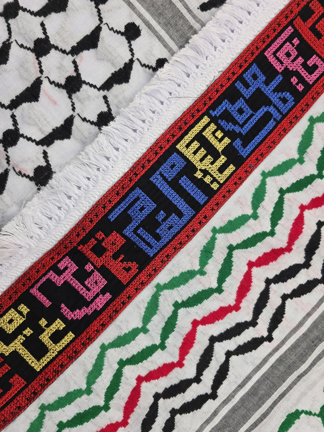 Keffiyeh Shemagh — Palestine City Names Embroidery on Flag Color Base