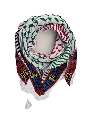 Keffiyeh Shemagh — Palestine City Names Embroidery on Flag Color Base