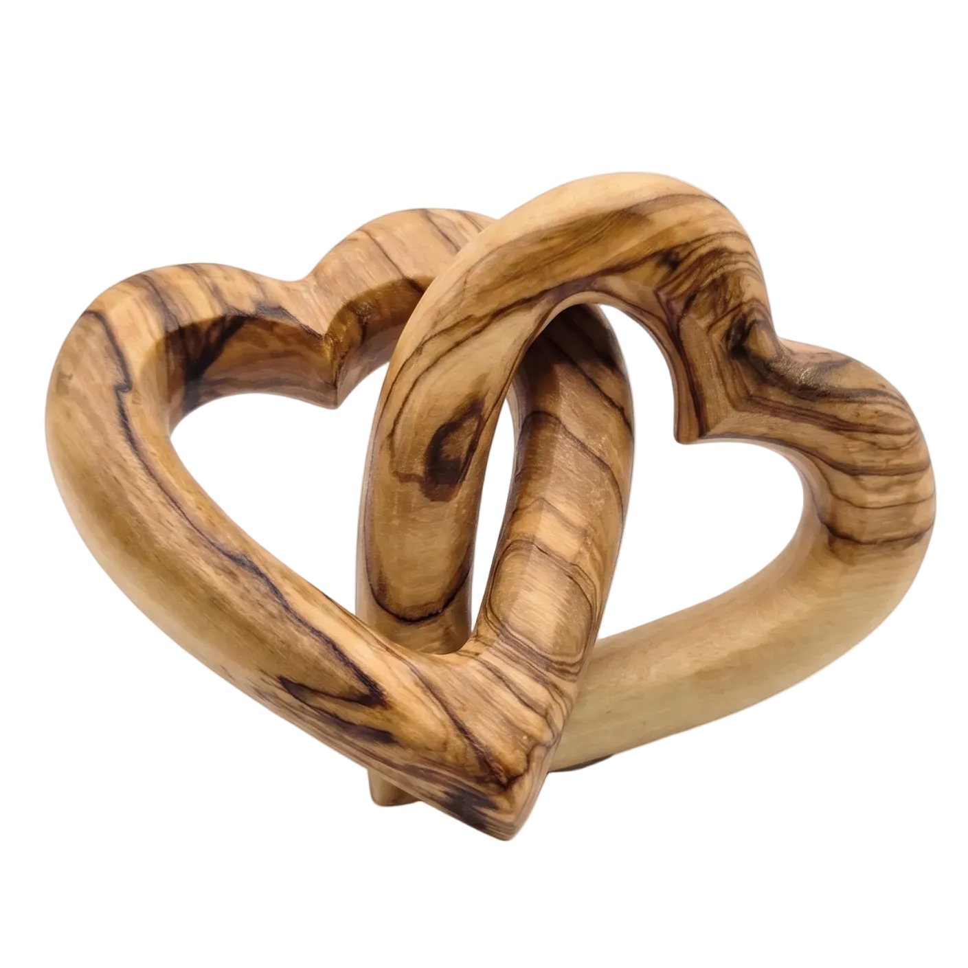 Olive wood interlocked hearts hand-carved in Bethlehem, Palestine