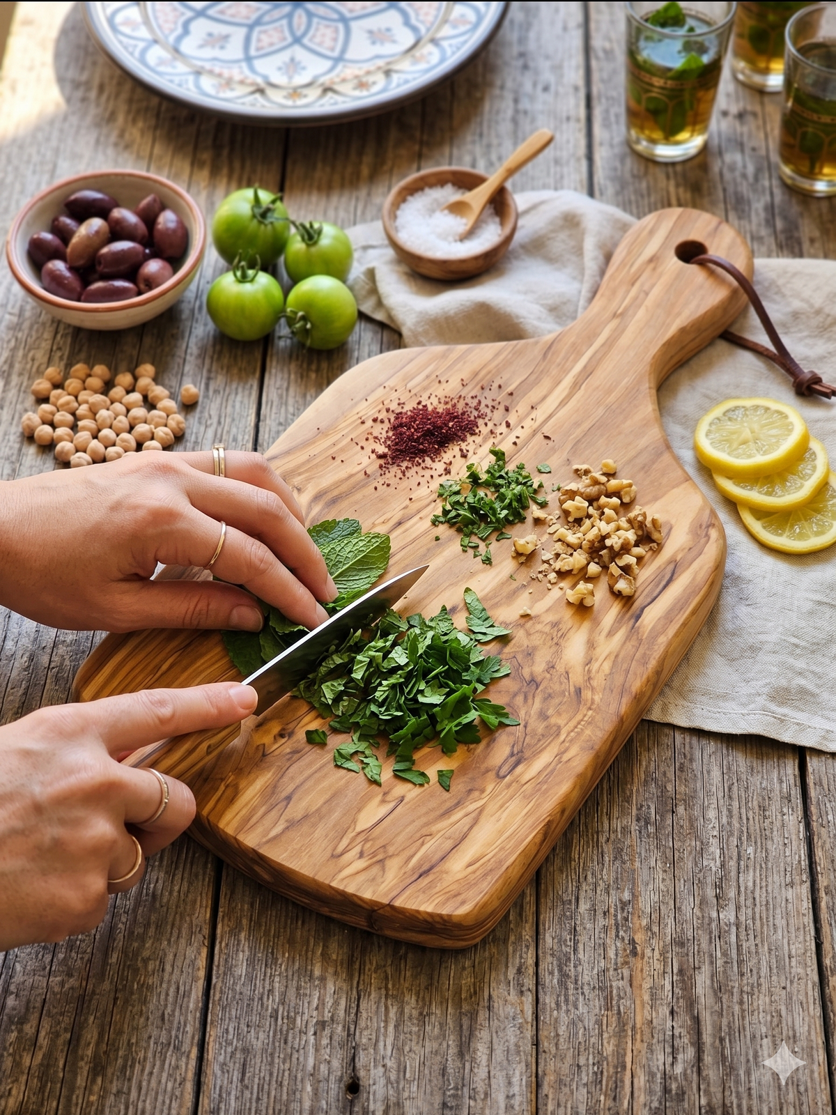 Person chopping herbs on a wooden cutting board with various ingredients and drinks in the background.
