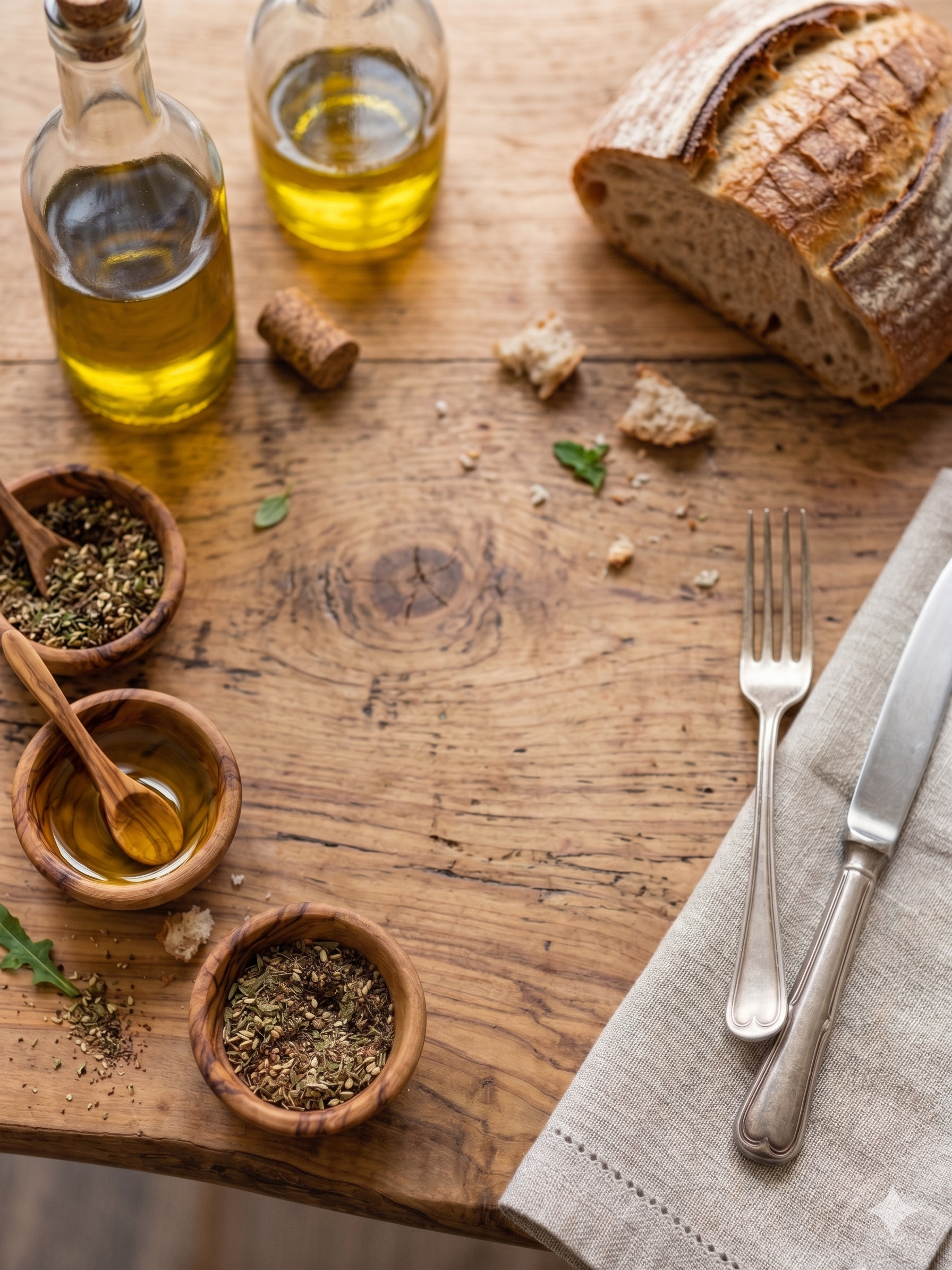 Wooden table with bread, olive oil, herbs, and cutlery on a rustic setting