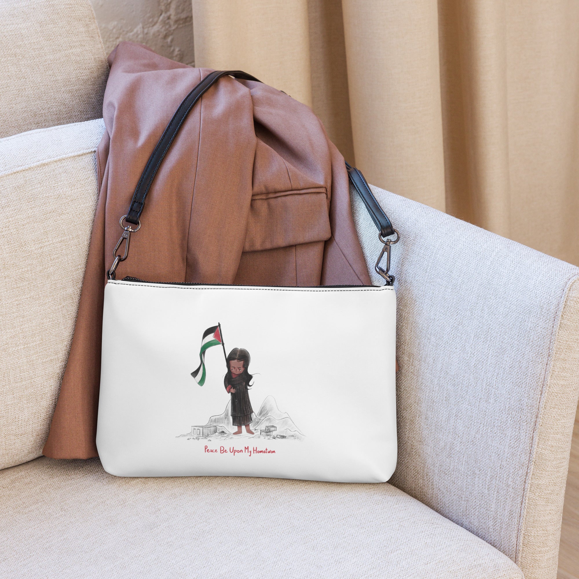 Crossbody bag- girl with palestine flag art-Designed by Palestinian Artist