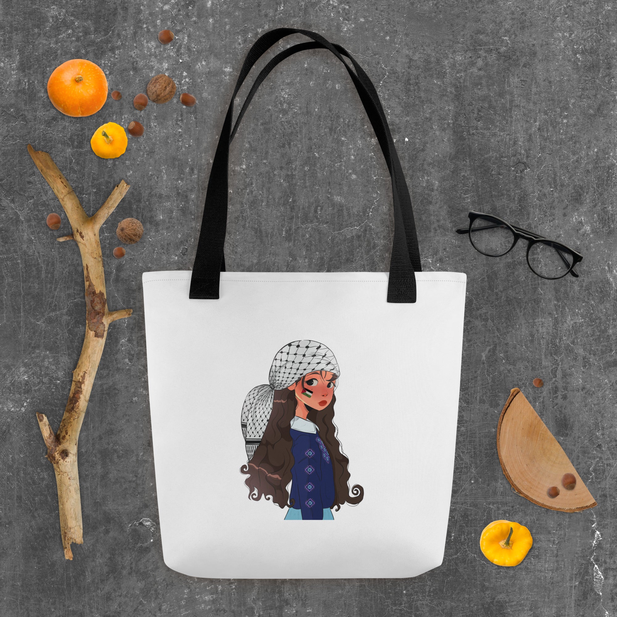 Tote bag-girl wearing a keffiyeh illustration-Designed by Palestinian Artist