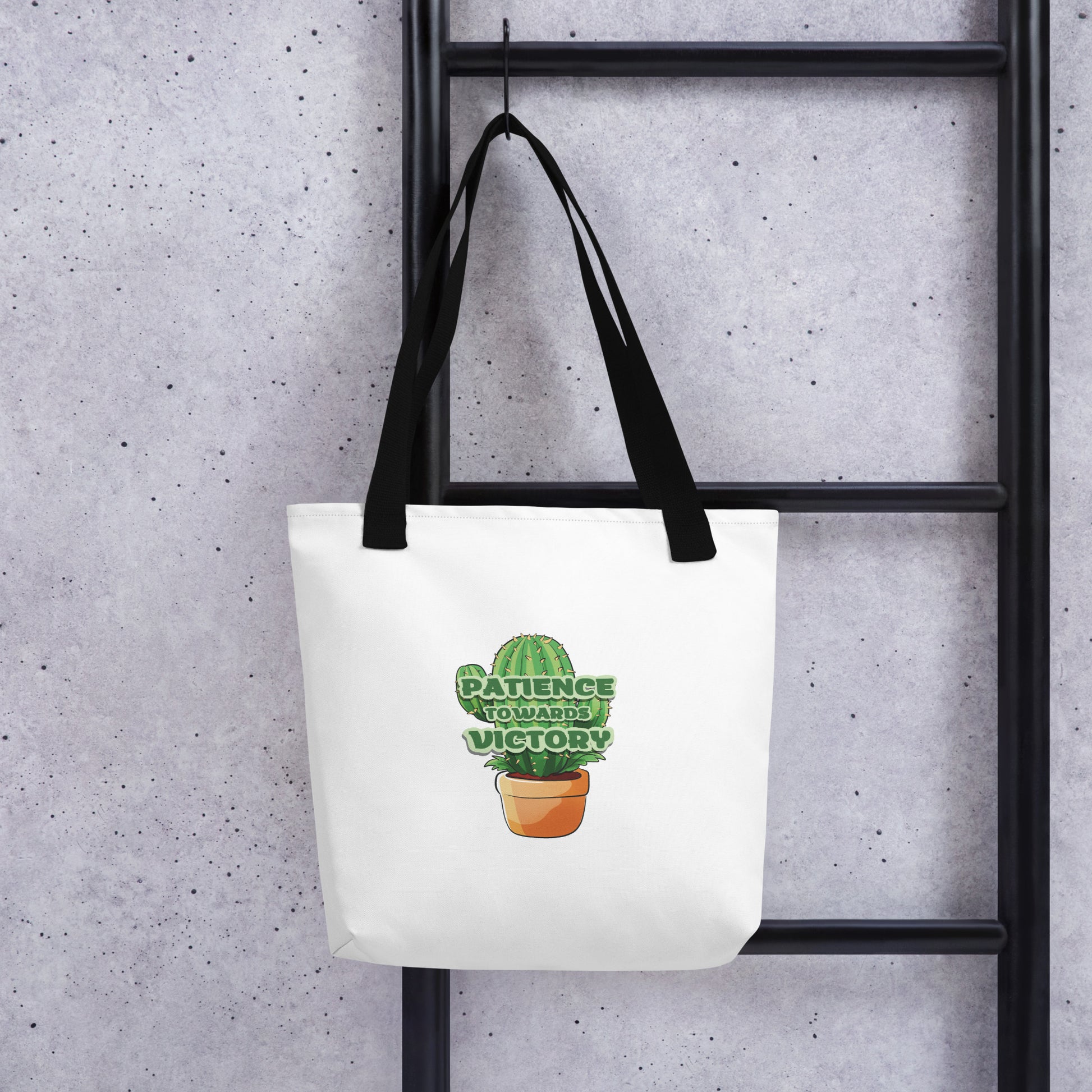 victory inspired tote bag black handle patience to wars victory rajaeen