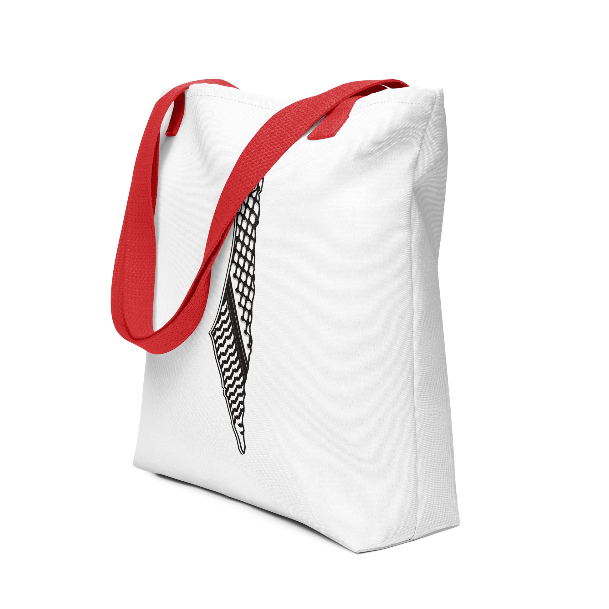 palestinian map with keffiyeh pattern tote bag red handle rajaeen