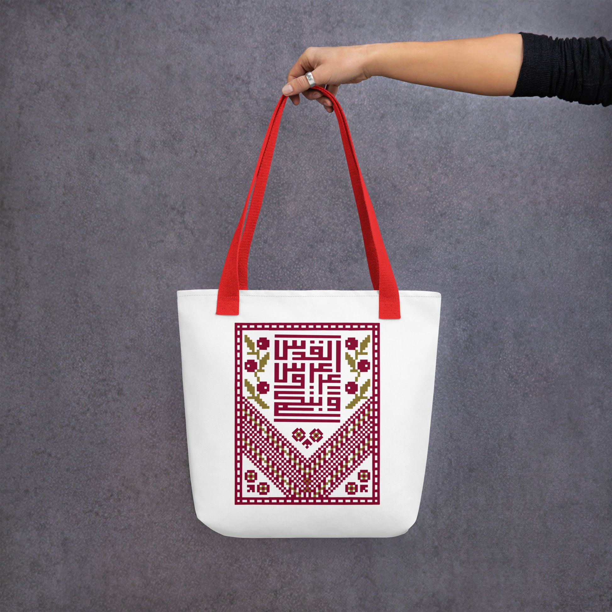 arabic calligraphy tote bag with red handle rajaeen