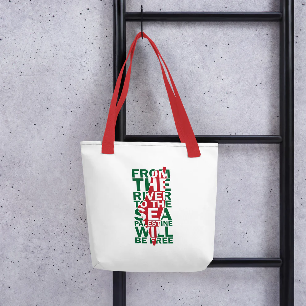 red handle tote bag palestine map with meaningful quotes rajaeen