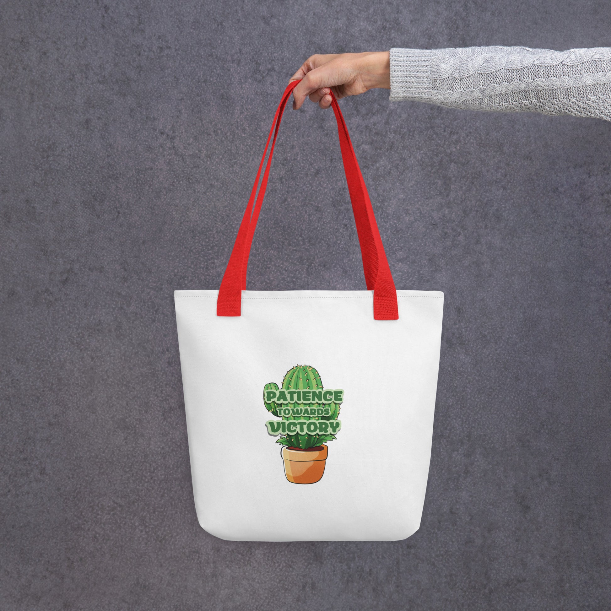 victory inspired tote bag red handle patience to wars victory rajaeen