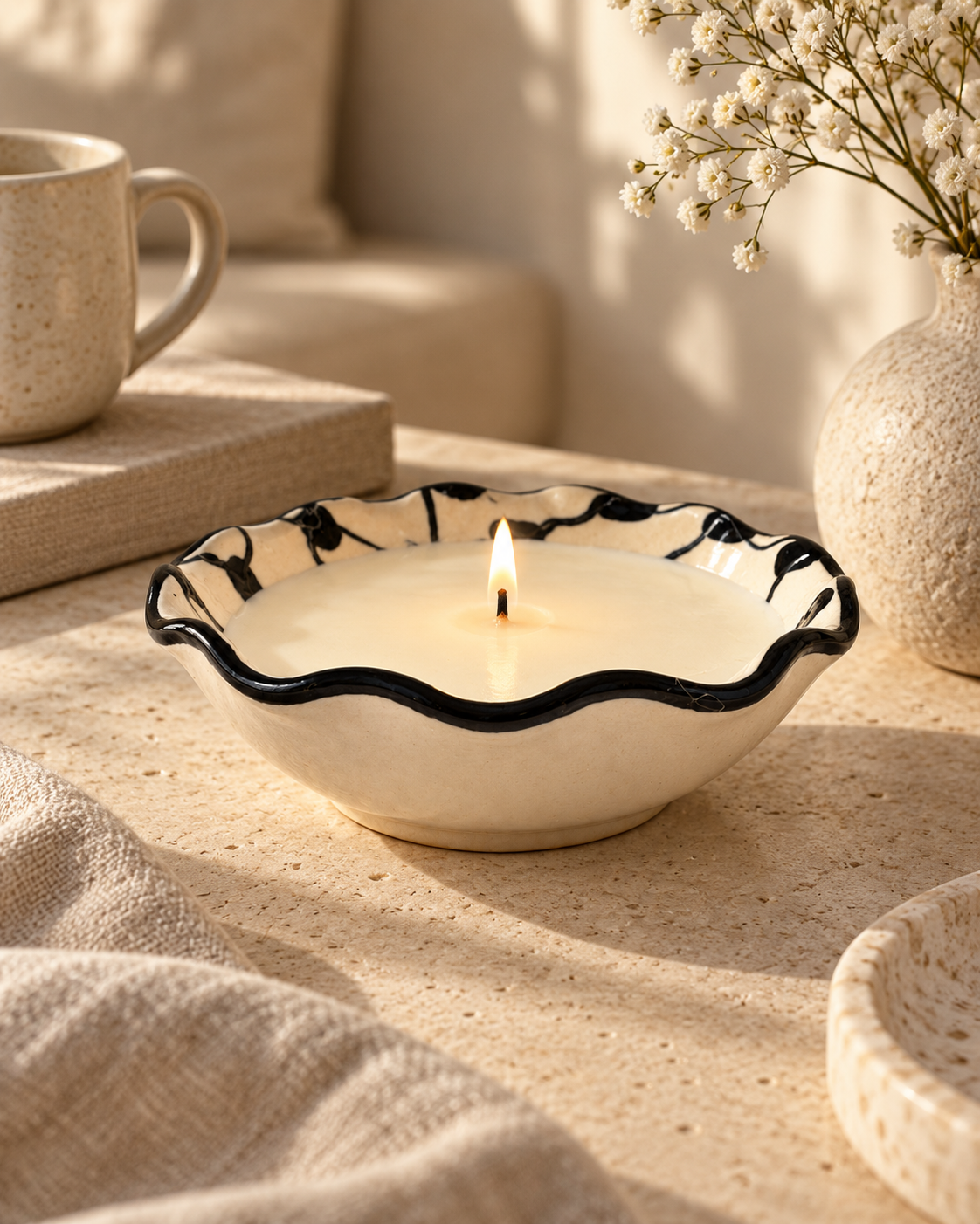 Candle in hand-painted keffiyeh ceramic bowl from Hebron, wax poured by Sondos Shureim in Nablus
