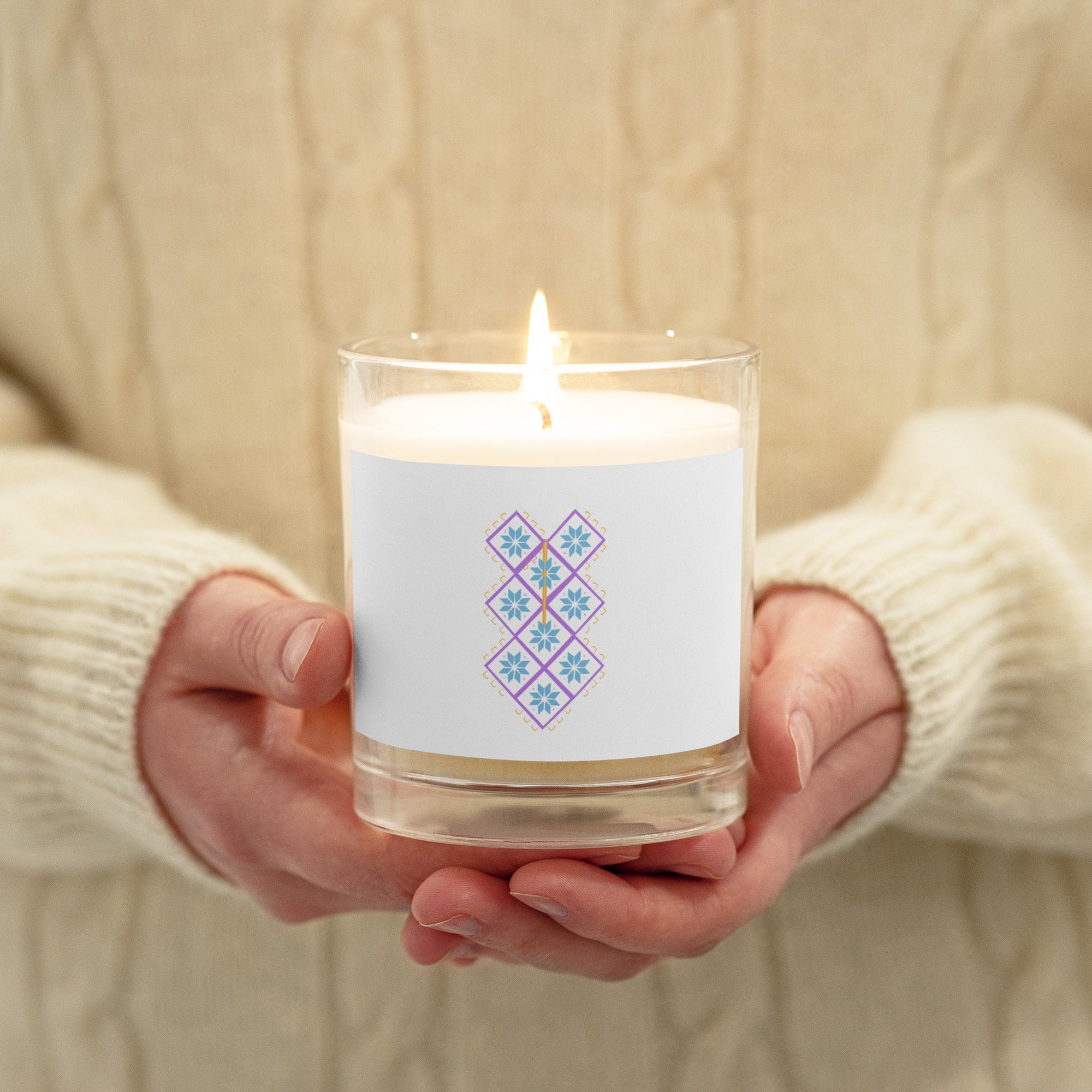 Glass jar soy wax candle-embroidery Palestine pattern illustrator-Designed by Palestinian Artist