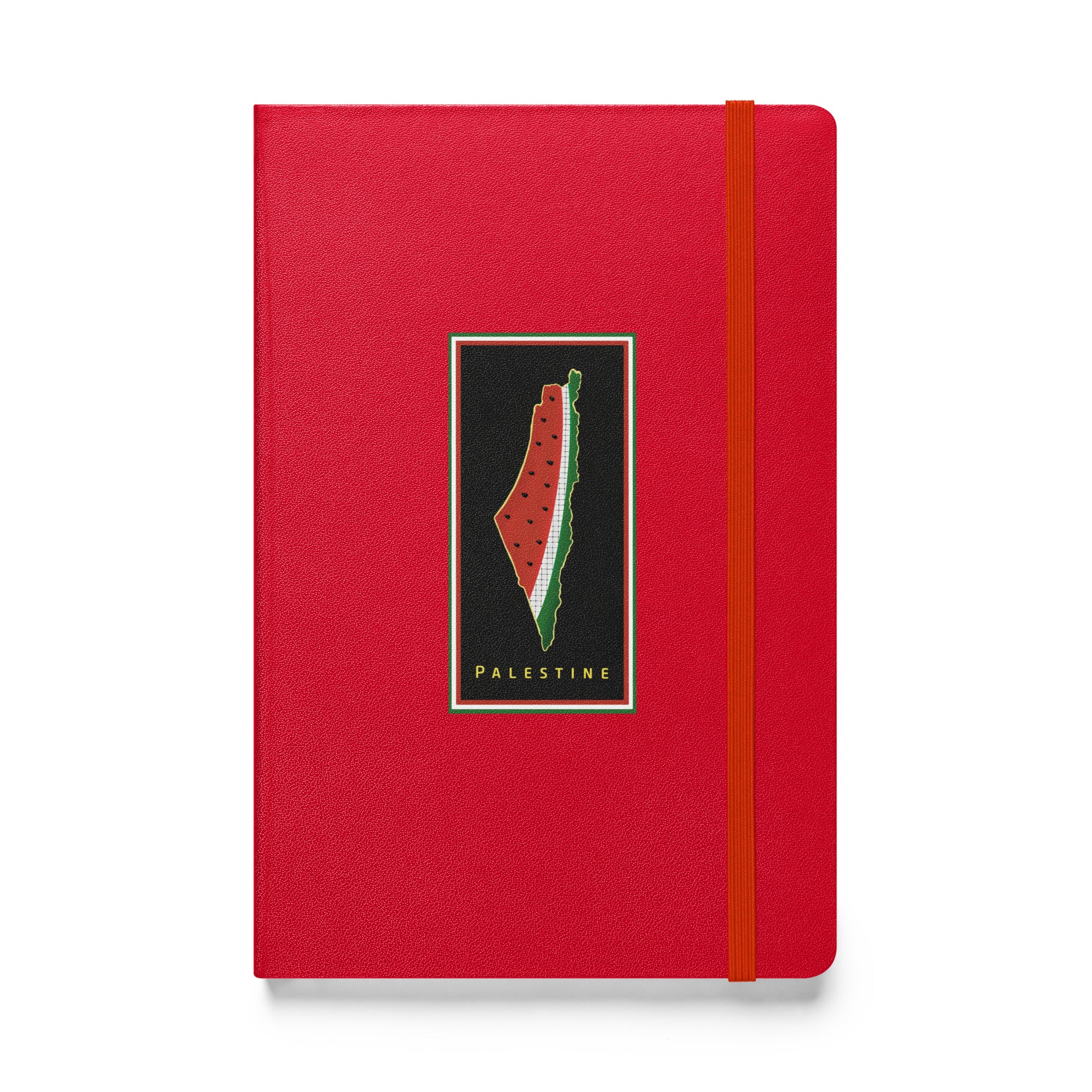 red color hardcover bound notebook with palestine map and watermelon art rajaeen