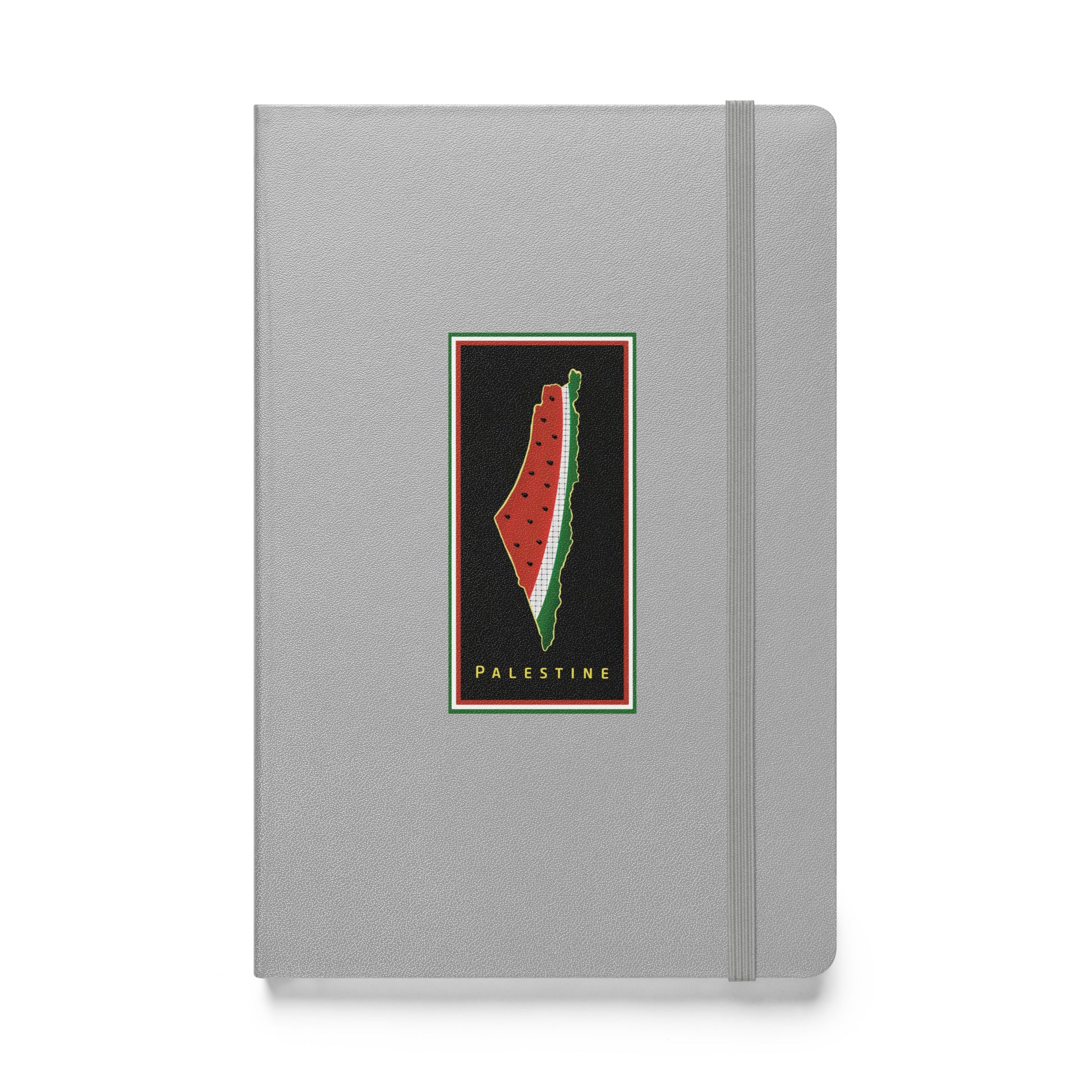 silver hardcover bound notebook with palestine map and watermelon art rajaeen