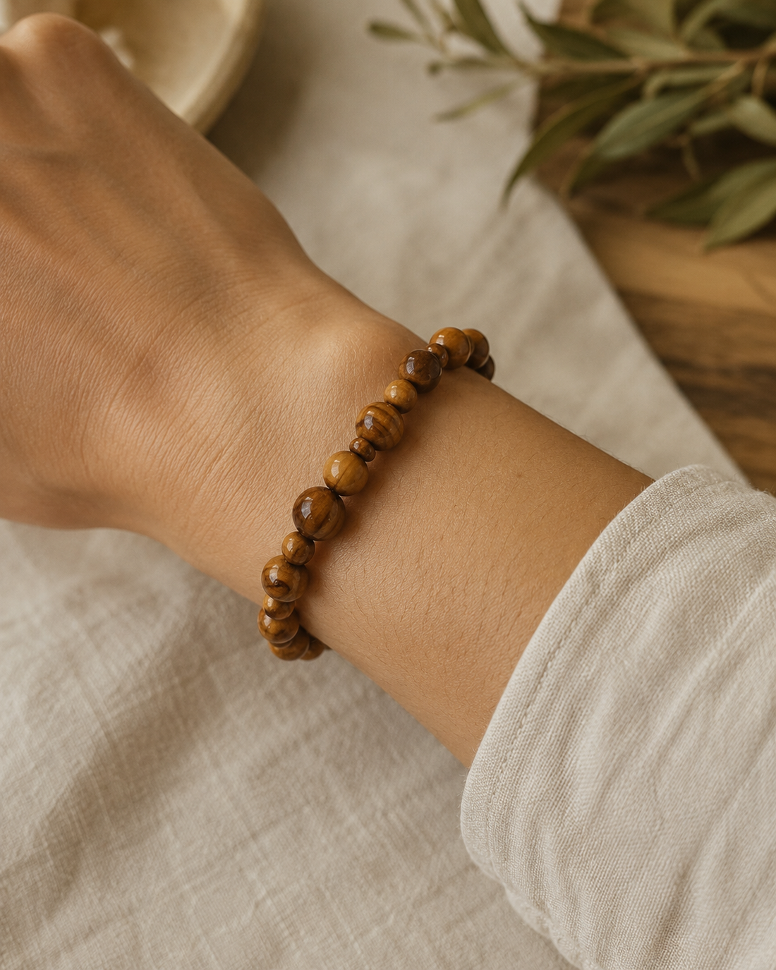 Olive Wood Bead Bracelet — Handmade in Bethlehem | Stretch Fit