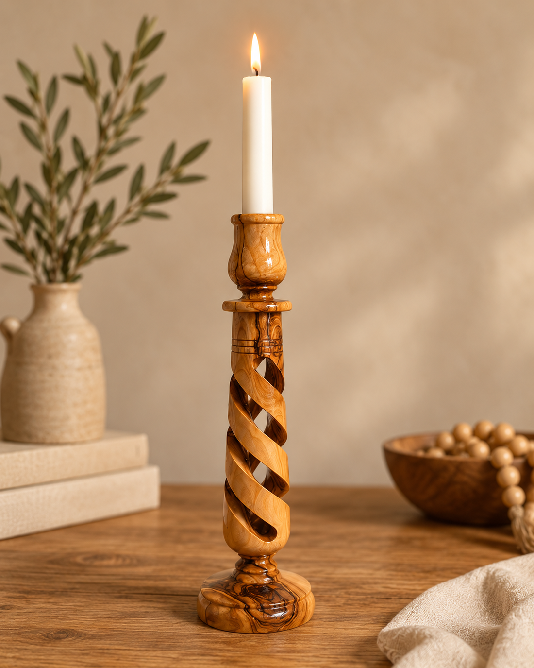 Olive Wood Candlestick Holder — Hand-Carved in Bethlehem | 10"