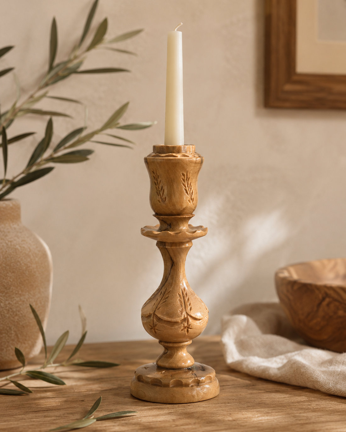 Hand-Carved Olive Wood Candle Holder — Bethlehem