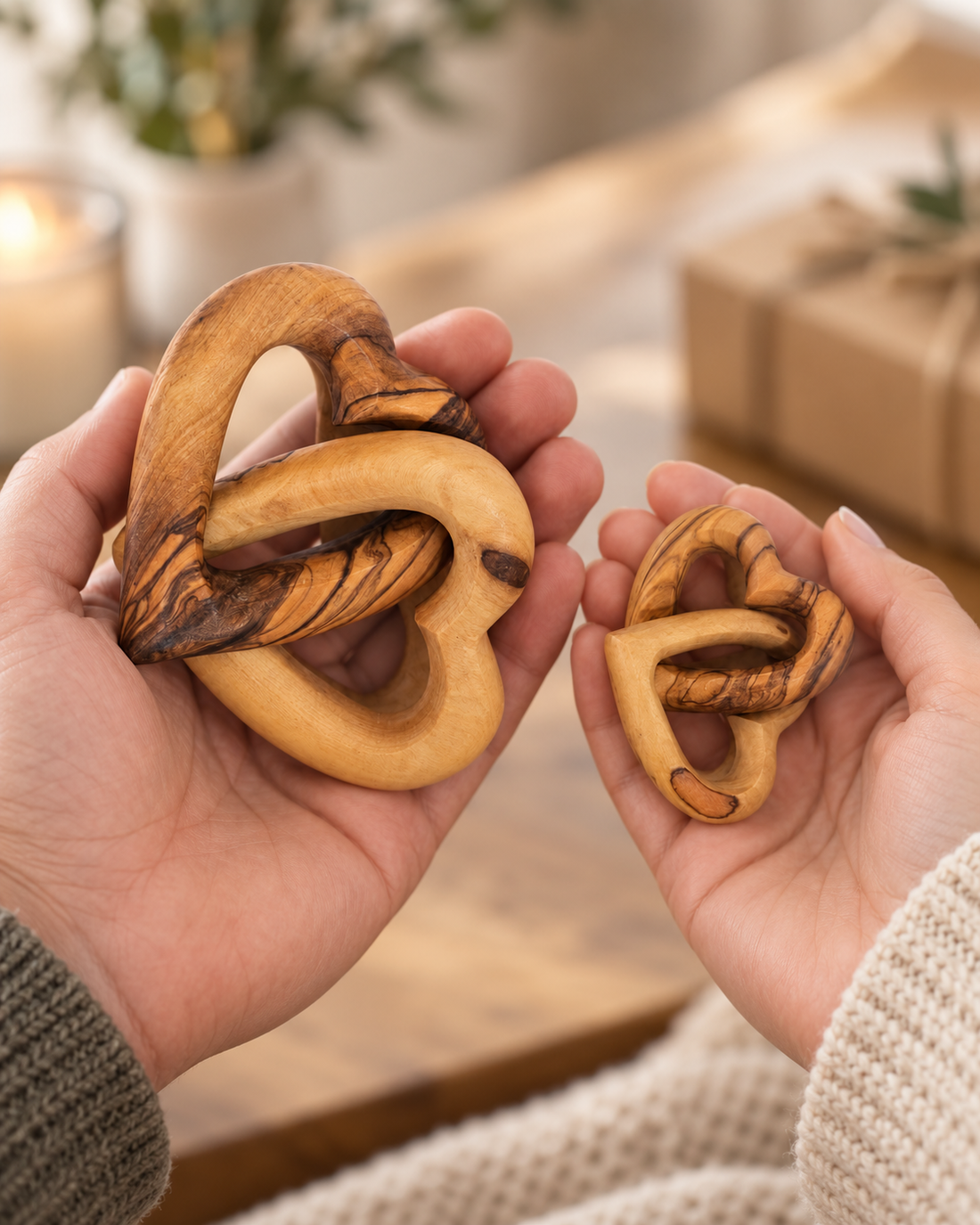 Olive Wood Interlocked Hearts — Hand-Carved in Bethlehem