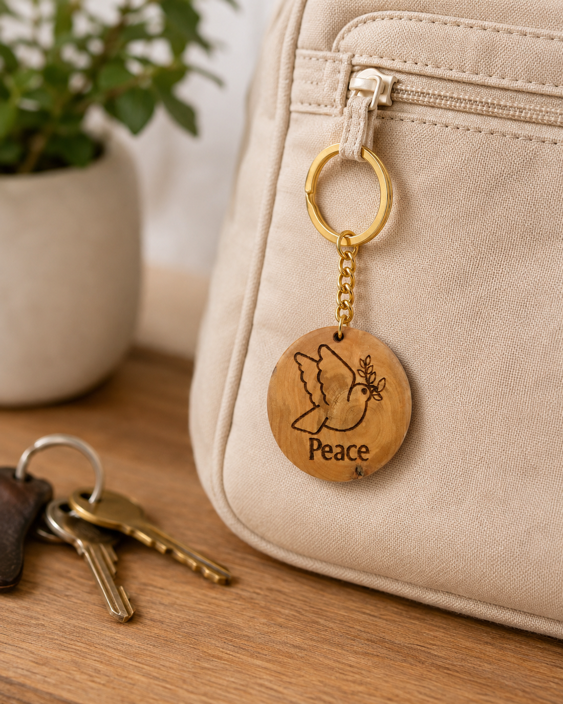 Olive Wood Peace Dove Keychain — Hand-Carved in Bethlehem | 1.8"