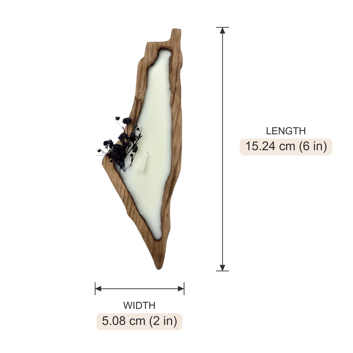 Palestine Map Candle, 6-inch Lavender Scent — length 15.24 cm (6 in), width 5.08 cm (2 in).
