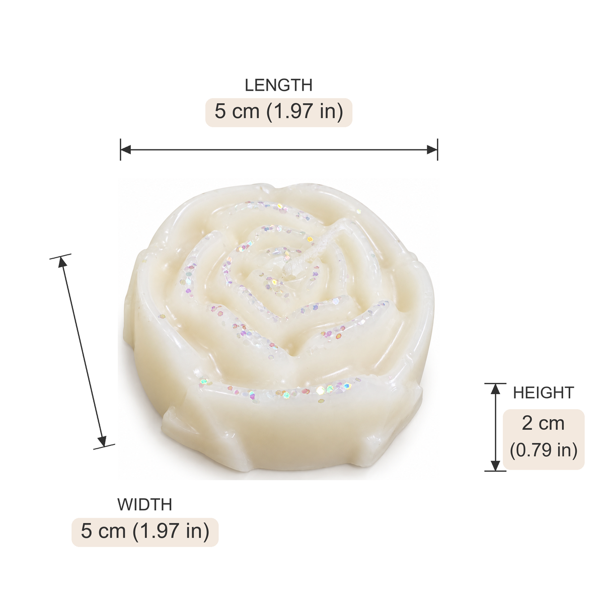 Rose Candle handmade in Nablus, Palestine — length and width 5 cm (1.97 in), height 2 cm (0.79 in).