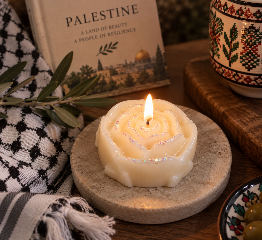 Rose candle hand-poured by Sondos Shureim in Nablus, Palestine