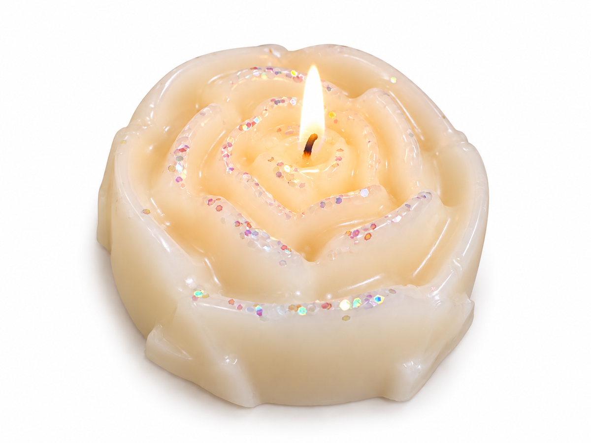 Rose candle hand-poured by Sondos Shureim in Nablus, Palestine