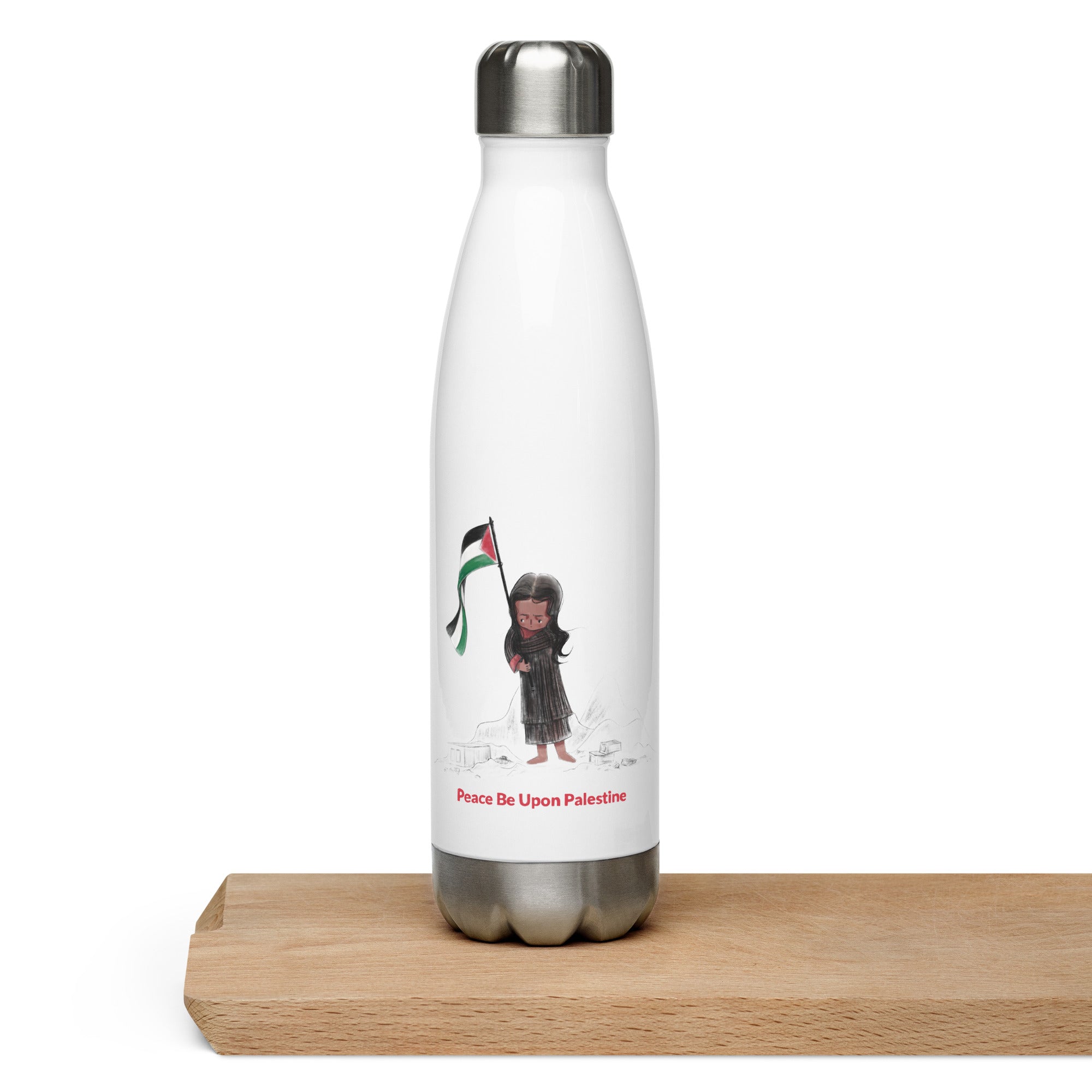 stainless steel waterbottle girl holding the palestine flag rajaeen