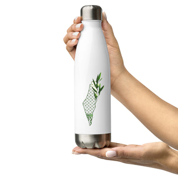 Stainless steel water bottle-Palestine Map with Olive Branch and Keffiyeh Design-Designed by Palestinian Artist