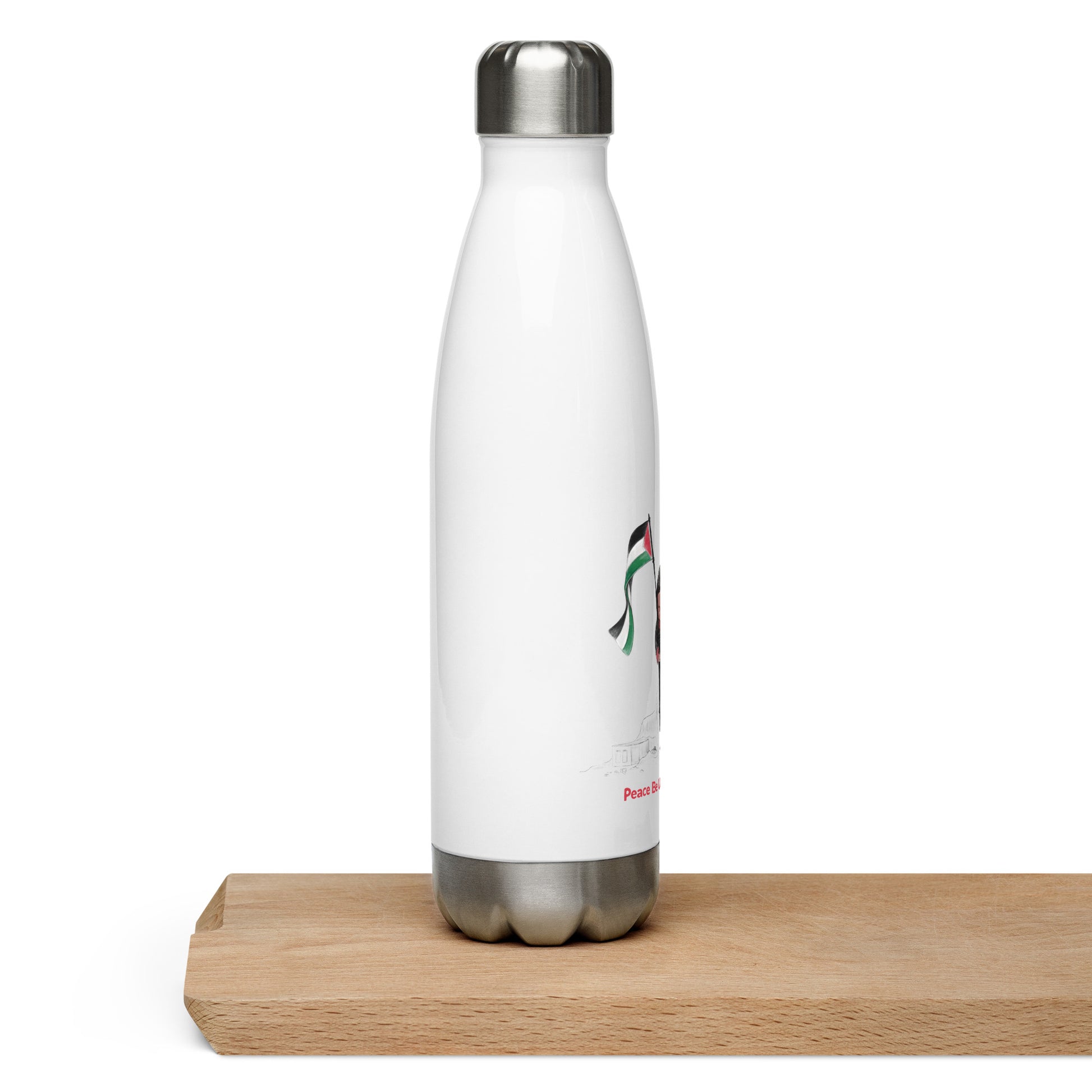 white color stainless steel waterbottle girl holding the palestine flag rajaeen