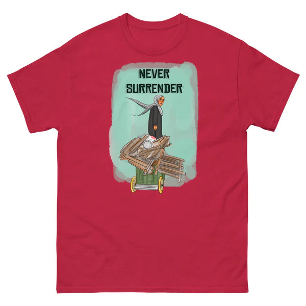 never surrender illustration unisex classic tee shirt red color front view rajaeen